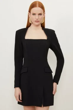 Karen Millen Petite Compact Viscose Open Neck Corset Tailored Mini Dress black Fashion