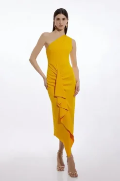 Karen Millen Petite Compact Viscose Tailored One Shoulder Drape Front Pencil Dress applegreen Outlet