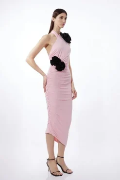 Karen Millen Petite Contrast Jersey Rosette Midi Dress pink New