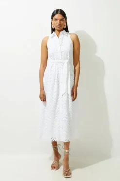 Karen Millen Petite Cotton Eyelet Belted Woven Maxi Shirt Dress ivory Outlet