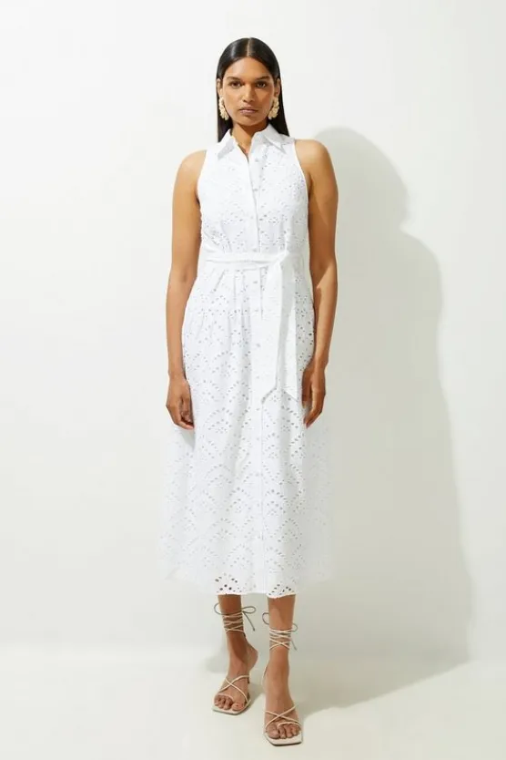 Karen Millen Petite Cotton Eyelet Belted Woven Maxi Shirt Dress ivory Outlet