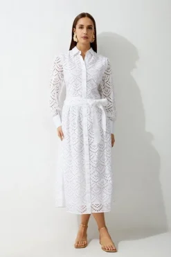 Karen Millen Petite Cotton Eyelet Long Sleeve Woven Maxi Dress white New