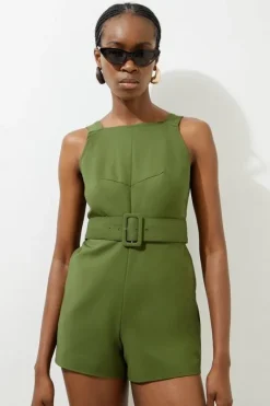 Karen Millen Petite Cotton Sateen Utility Woven Belted Strappy Romper khaki Best