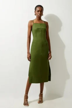 Karen Millen Petite Cotton Sateen Utility Woven Column Midi Dress khaki Hot