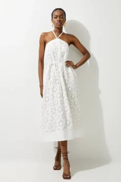 Karen Millen Petite Crafted Cotton Embroidery Woven Halter Midi Dress white Best