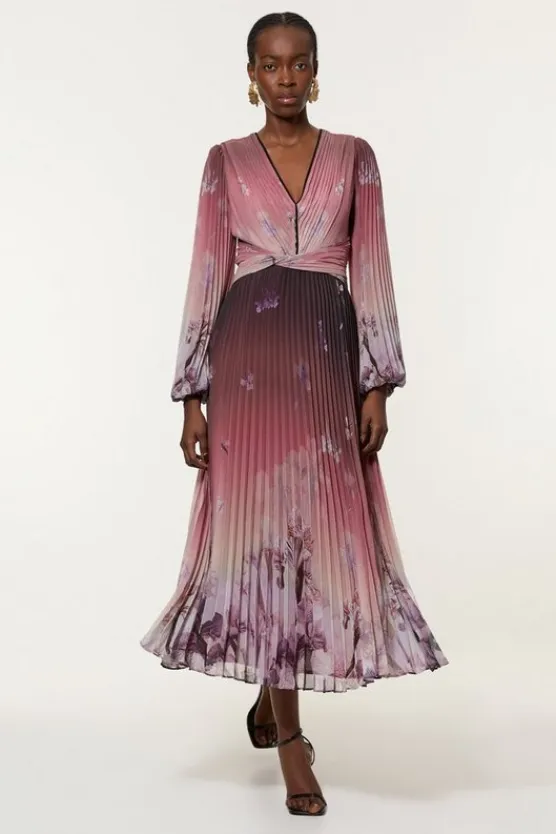 Karen Millen Petite Crinkle Pleat Border Balloon Sleeve Woven Maxi Dress floral Fashion