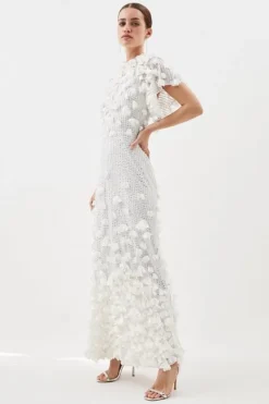 Karen Millen Petite Crystal Applique Angel Sleeve Woven Maxi Dress ivory Outlet