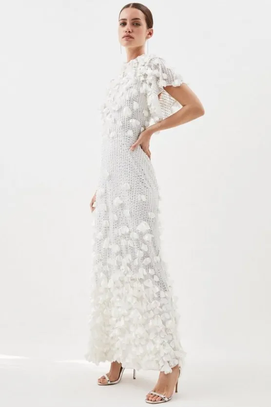 Karen Millen Petite Crystal Applique Angel Sleeve Woven Maxi Dress ivory Outlet