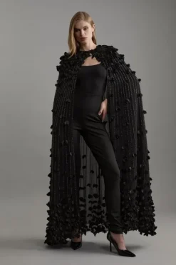 Karen Millen Petite Crystal Applique Woven Maxi Cape black Sale