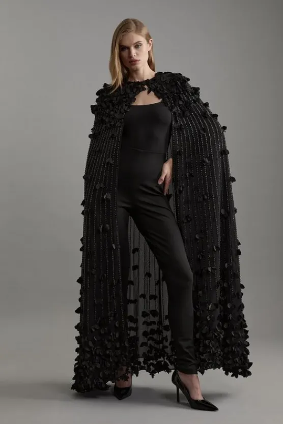 Karen Millen Petite Crystal Applique Woven Maxi Cape black Sale