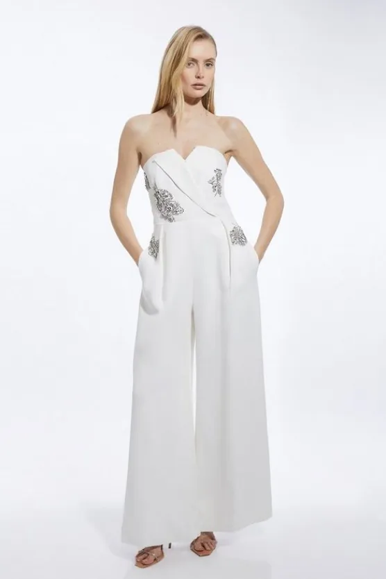 Karen Millen Petite Crystal Embellished Bandeau Tailored Wide Leg Jumpsuit ivory Sale