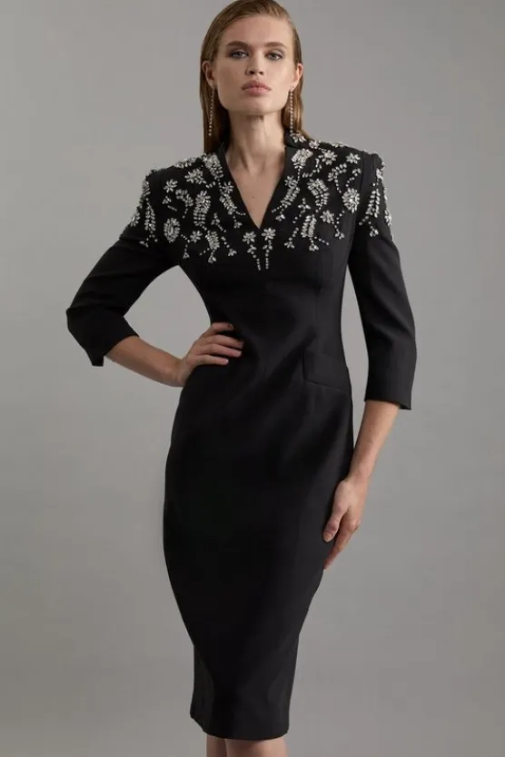 Karen Millen Petite Crystal Embellished Compact Stretch Belted Tailored Forever Dress black Sale