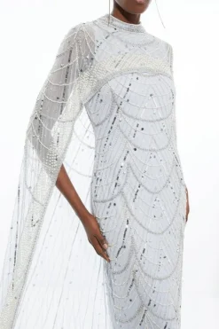 Karen Millen Petite Crystal Embellished Cape Detail Maxi Dress silver Outlet