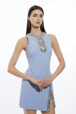 Karen Millen Petite Crystal Embellished Keyhole Woven Mini blue New