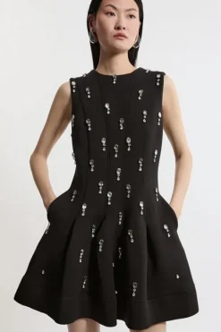 Karen Millen Petite Crystal Embellished Premium Scuba Jersey Mini Dress black Sale