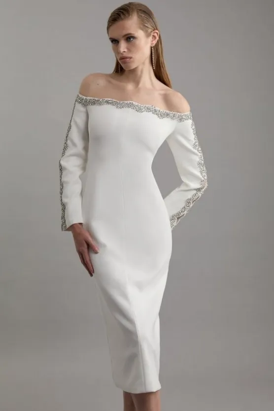 Karen Millen Petite Crystal Embellished Scalloped Off The Shoulder Tailored Midaxi Dress ivory Best