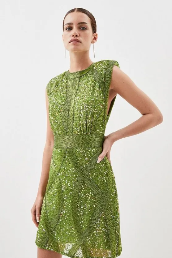 Karen Millen Petite Crystal Embellished Strong Shoulder Woven Mini Dress green Outlet