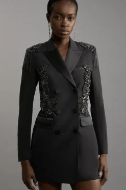 Karen Millen Petite Crystal Embellished Tailored Tuxedo Blazer Mini Dress black Hot