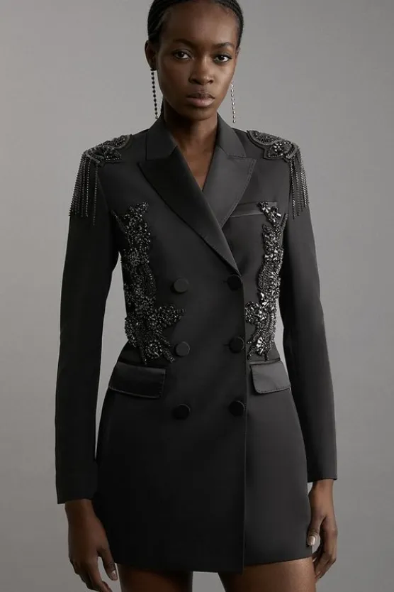 Karen Millen Petite Crystal Embellished Tailored Tuxedo Blazer Mini Dress black Hot