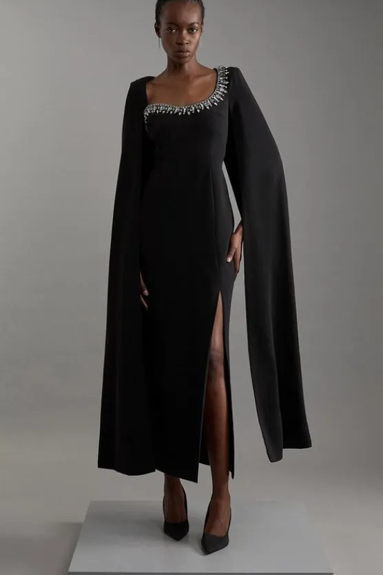 Karen Millen Petite Crystal Embellished Viscose Crepe Woven Cape Maxi Dress black Best