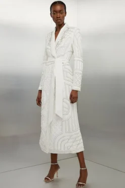 Karen Millen Petite Crystal Embellished Woven Maxi Blazer Dress ivory Hot