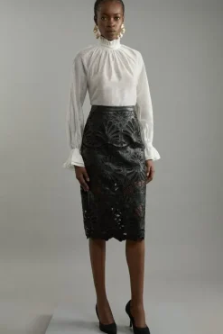 Karen Millen Petite Cutwork Pu Tailored Midi Skirt black Fashion