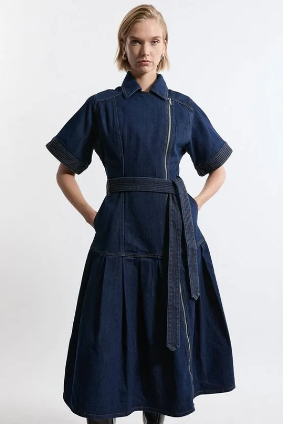 Karen Millen Petite Denim Pleated Hem Biker Dress darkwash Hot