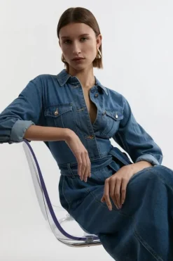 Karen Millen Petite Denim Tailored Collared Belted Dress midblue Clearance