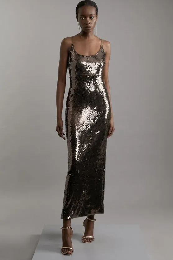 Karen Millen Petite Disc Sequin Strappy Woven Midi Dress gunmetal New