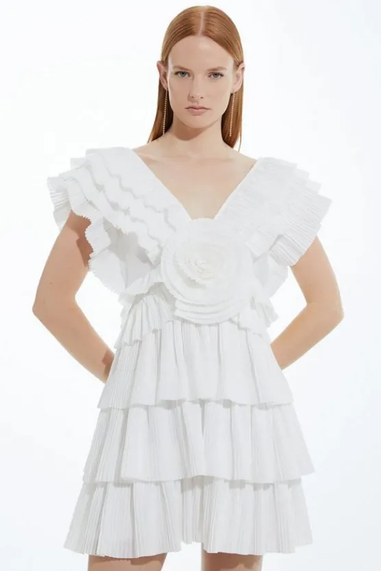 Karen Millen Petite Drama Pleat Ruffle Rosette Woven Mini Dress white Fashion