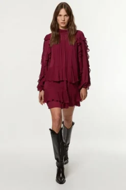 Karen Millen Petite Drama Ruffle Viscose Georgette Woven Mini Dress berry Clearance