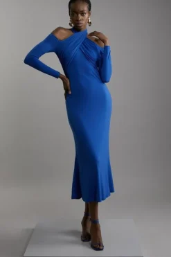 Karen Millen Petite Drapey Crepe Twist Midaxi Dress cobalt New