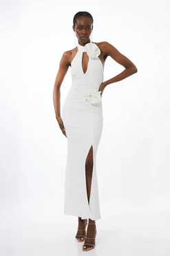 Karen Millen Petite Drapey Ruched Jersey Rosette Maxi Dress ivory Hot
