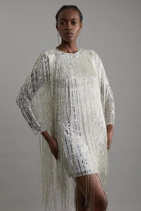 Karen Millen Petite Embellished And Beaded Tassel Woven Mini Dress silver Outlet