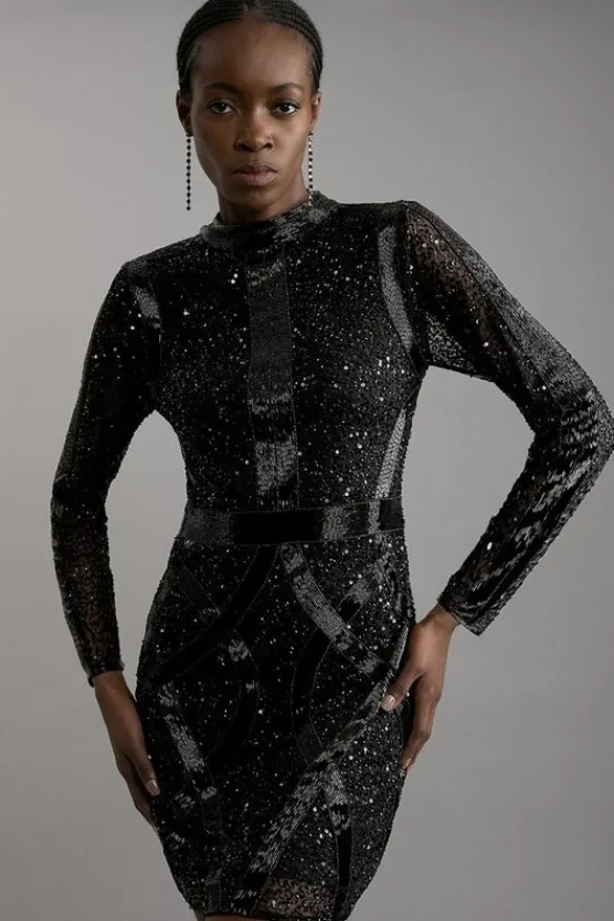 Karen Millen Petite Embellished Beaded High Neck Woven Mini Dress black Fashion