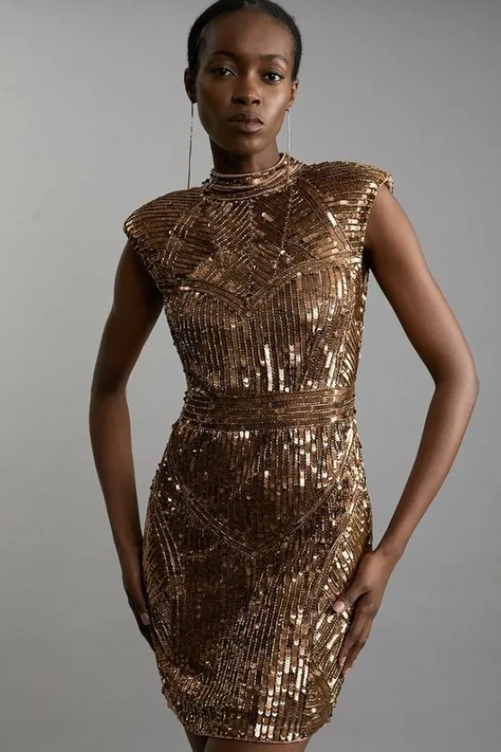 Karen Millen Petite Embellished Pearl Strong Shoulder Mini Dress gold Sale