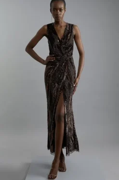 Karen Millen Petite Embellished Plunge Beaded Woven Maxi Dress chocolate Sale
