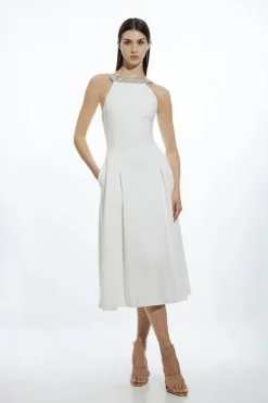 Karen Millen Petite Embellished Straps Full Skirted Tailored Midaxi Dress ivory Discount