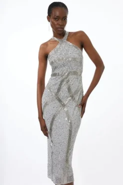 Karen Millen Petite Embellished Woven Halter Midi Dress silver Hot