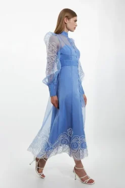 Karen Millen Petite Embroidered Floral Woven Button Up Maxi Dress blue Fashion