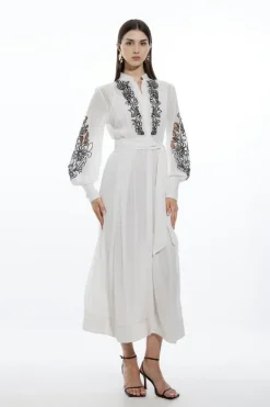 Karen Millen Petite Embroidery Bib Detail Woven Maxi Dress ivory Outlet