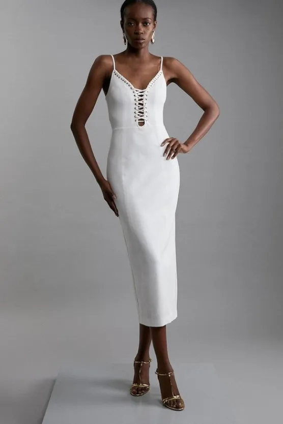 Karen Millen Petite Eyelet Detail Lace Up Ponte Jersey Midi Dress ivory Sale