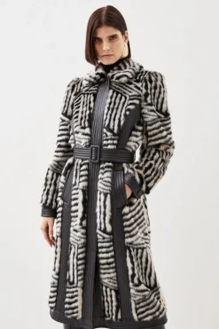 Karen Millen Petite Faux Fur Pu Panelled Stripe Belted Coat multi Best