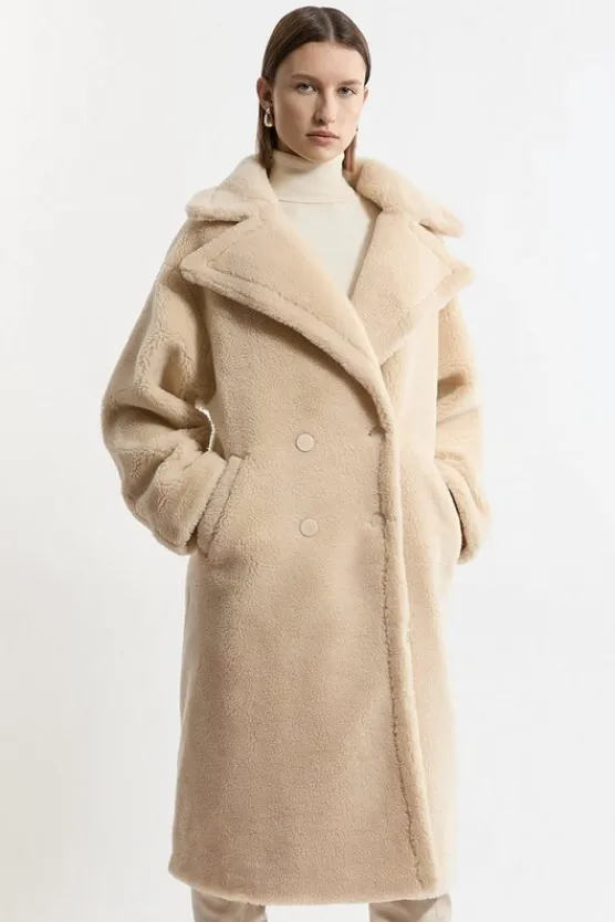 Karen Millen Petite Faux Fur Teddy Longline Coat cream Fashion
