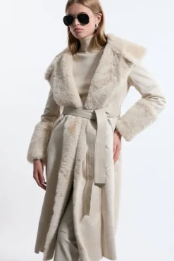 Karen Millen Petite Faux Shearling Collar & Cuff Belted Long Coat ivory Best