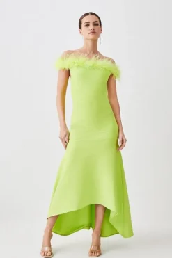 Karen Millen Petite Feather Detail Bandage Off The Shoulder Midaxi Dress lime New