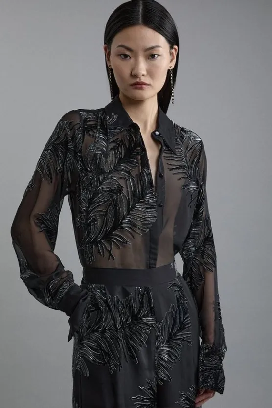 Karen Millen Petite Feather Devore Woven Shirt black Fashion
