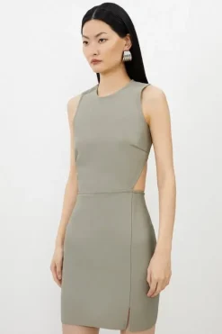 Karen Millen Petite Figure Form Bandage Cut Out Detail Knit Mini Dress khaki New