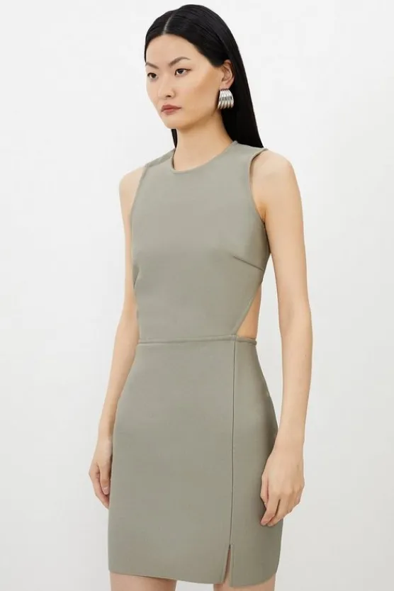 Karen Millen Petite Figure Form Bandage Cut Out Detail Knit Mini Dress khaki New