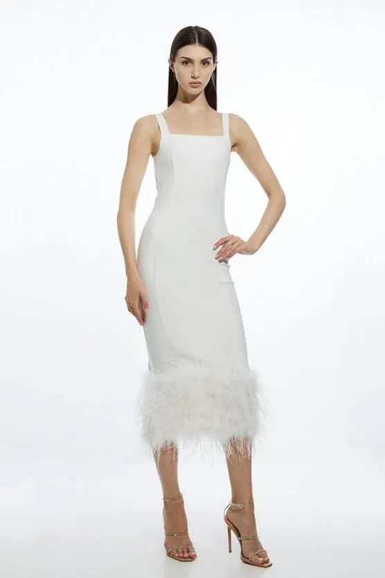 Karen Millen Petite Figure Form Bandage Feather Hem Knit Midi Dress ivory Discount